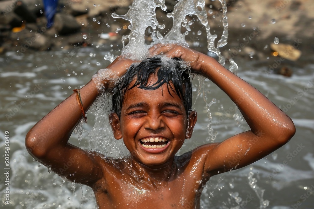 Fototapeta premium A happy guy washing hair bathing accessories happiness.