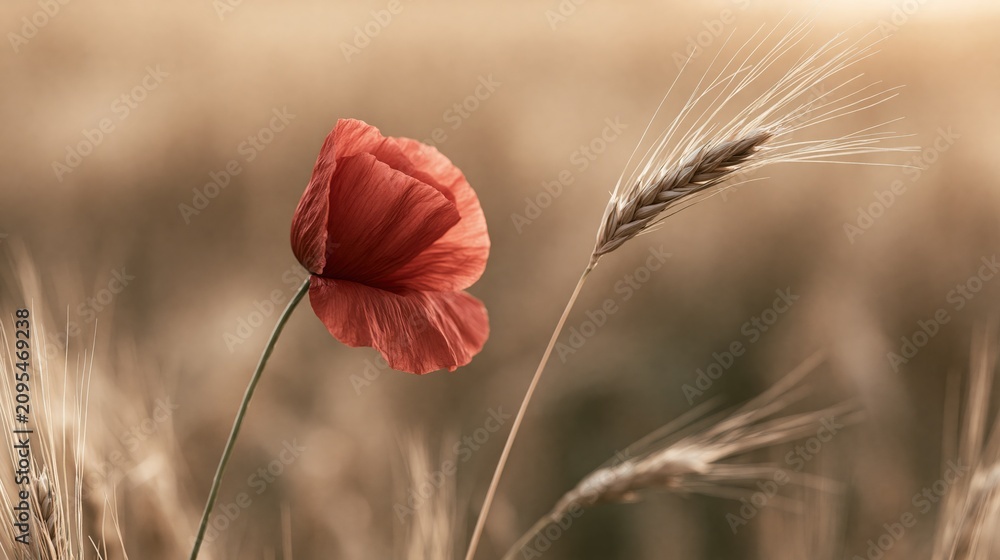 Obraz premium Single Vibrant Red Poppy Flower in Golden Wheat Field at Sunrise with Soft Bokeh Background