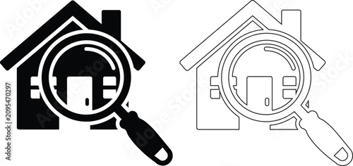 Obraz na plátně Vector icon illustration features a magnifying glass hovering over a residential house, representing real estate search, property inspection, and house hunting for home buyers