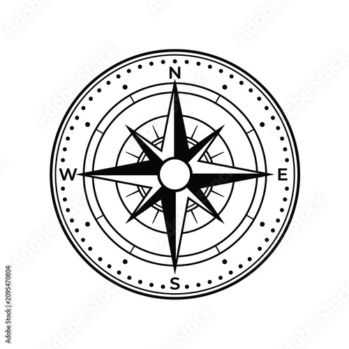 Konstfotografi Minimalist black and white compass rose icon isolated on plain white background art
