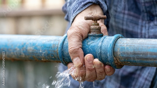 Close up of a hand turning off a leaky outdoor faucet on a rusty pipe, conserving water