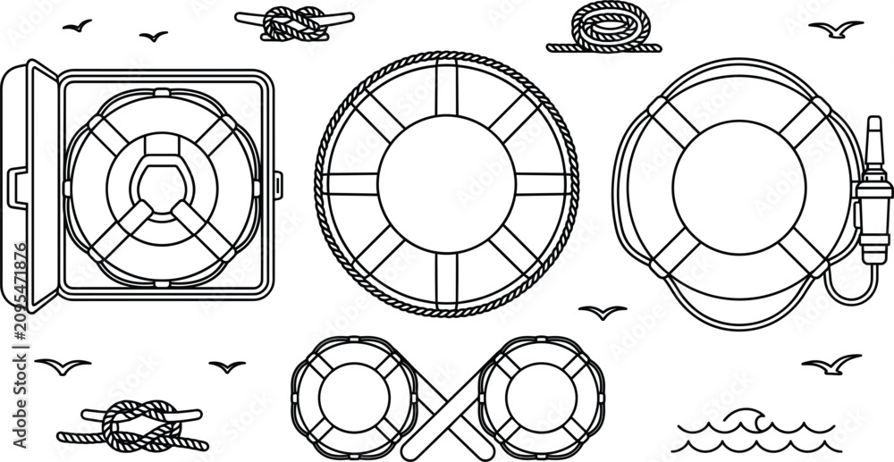 Fototapeta premium Marine Lifebuoy Ring and Nautical Safety Equipment Icon Set for Maritime Cruise Designs