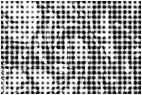 Abstract halftone dot texture background with geometric circular pattern in monochromatic black and grey gradient design elements.