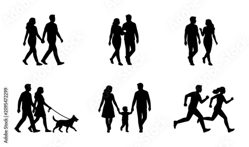 Couple Walking Silhouettes, Family Stroll Vector Icons, People Running Set, Diverse Human Figures Collection, Black and White Graphic Elements, Lifestyle Activity Representations