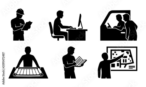 Fotografie Construction and Office Work Icons: Site Inspection, Desk Job, Team Meeting, Blu