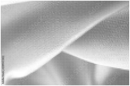 Abstract halftone dot texture background with geometric circular pattern in monochromatic black and grey gradient design elements.