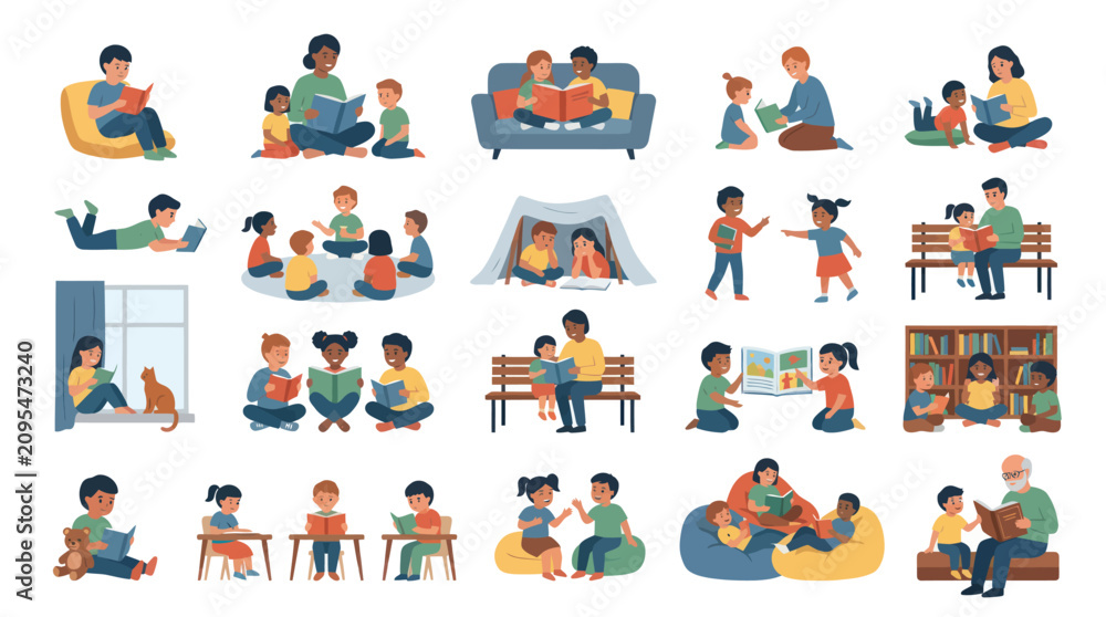 Fototapeta premium Diverse children reading books in various settings, education learning flat vector illustration