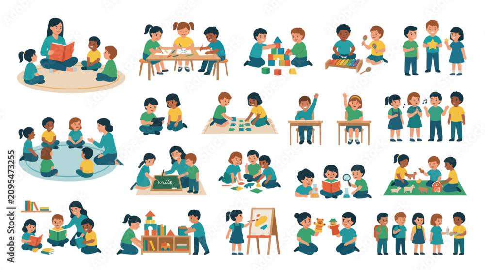 Naklejka premium Children Learning and Playing Together in Kindergarten, Flat Illustration Style