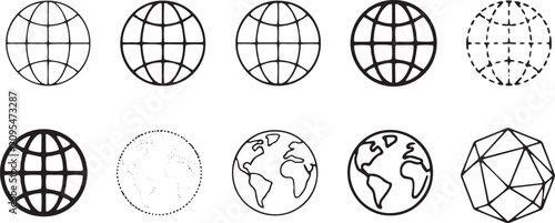 Art & Illustration Assortment of monochrome globes showcasing continents & gridlines