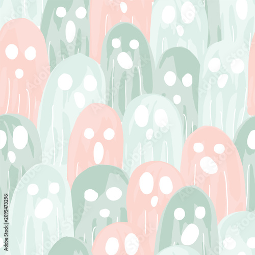 Crowd of cute hand painted spooky ghosts forming a maximalist holiday pattern in muted colors of peach, green, blue and off white. Halloween seamless vector pattern. Great for home decor, fabric, etc.