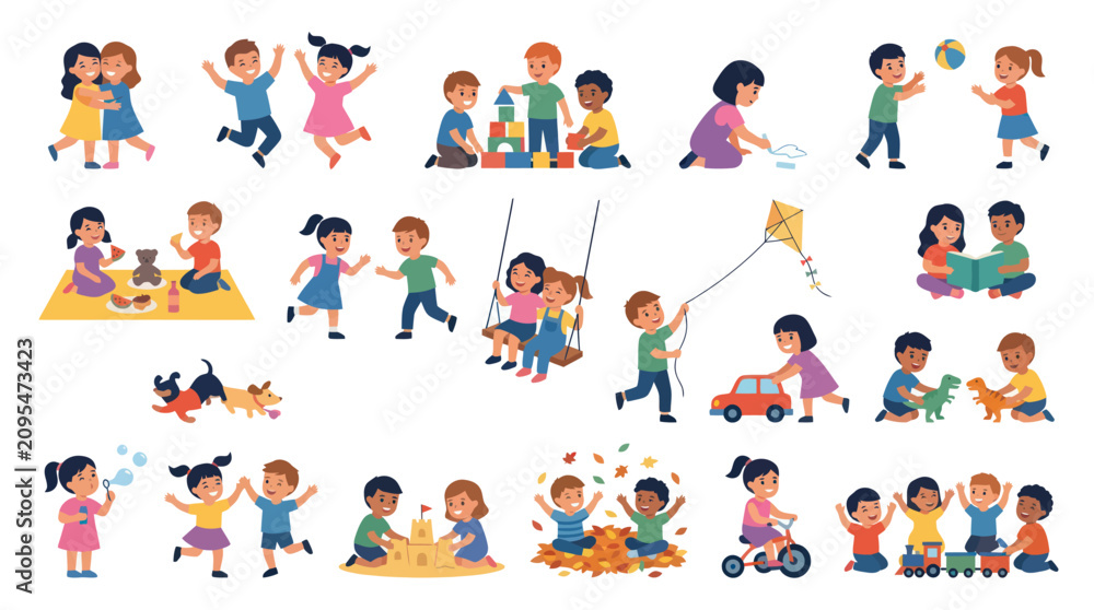 Fototapeta premium Happy Diverse Children Playing Collection. Flat Vector Illustration of Kids Childhood Development, Fun Activities, Boys and Girls