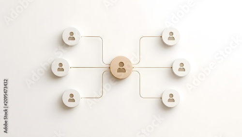 Minimalist network diagram of circular blocks with person icons connected to a central hub representing organizational structure and team communication