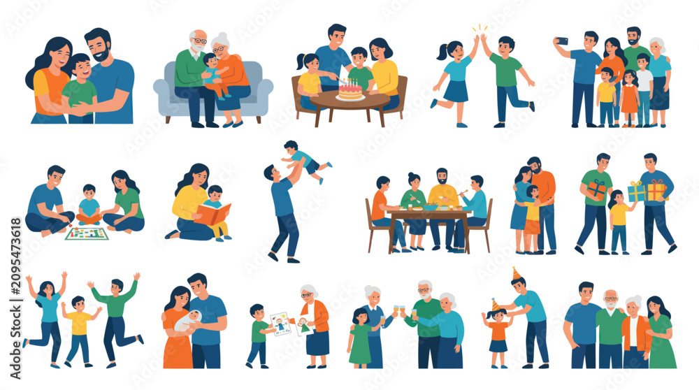 Fototapeta premium Happy Family Moments Flat Vector Illustrations Set