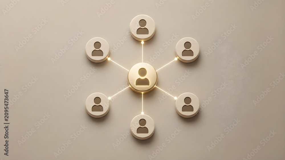 Obraz premium Hexagonal network diagram of beige circular blocks with user icons connected to a central leader representing harmonious team collaboration and business structure