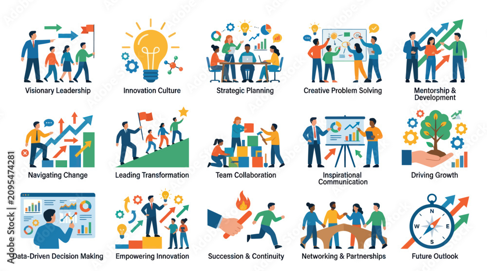 Fototapeta premium Flat Business Management Leadership Vector Illustration Set: Diverse Teams, Growth, Innovation, Development Concepts