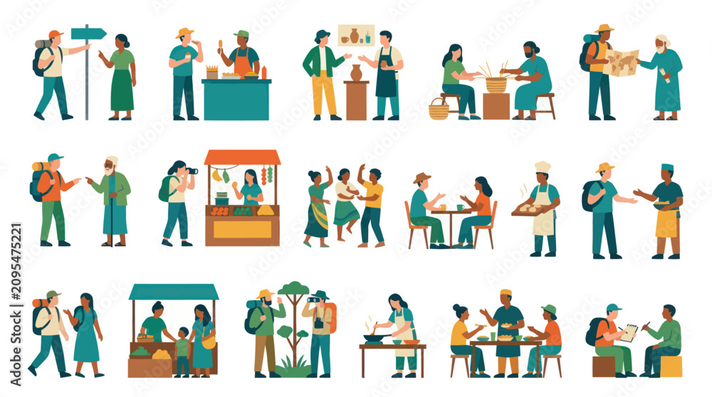 Fototapeta premium Flat Illustration of Diverse People Engaging in Travel, Food, and Social Activities