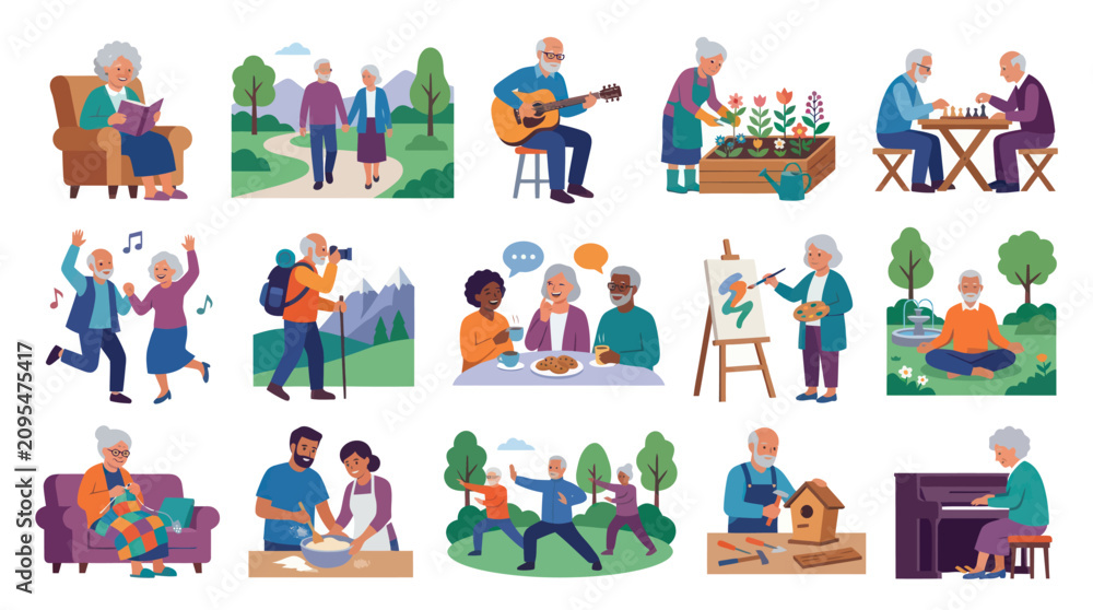 Fototapeta premium Elderly People Enjoying Hobbies and Activities Flat Design Illustration