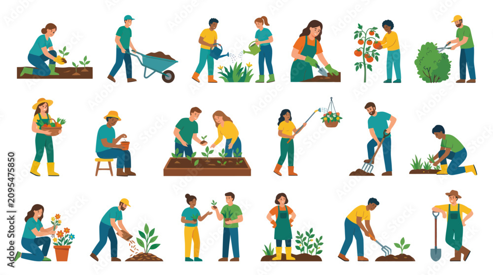 Fototapeta premium Gardening and Horticulture Flat Illustration Set: Diverse People Planting, Watering, Harvesting Vegetables and Flowers