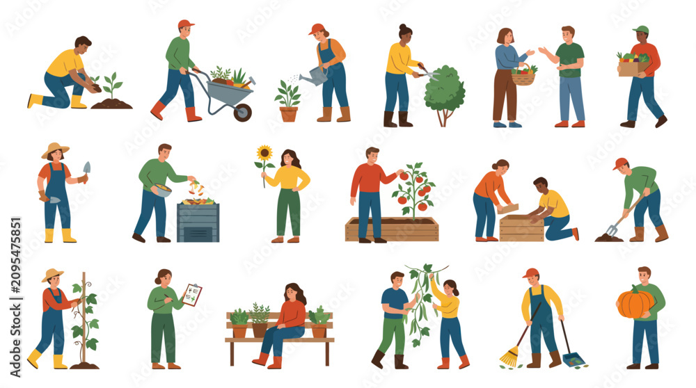 Fototapeta premium Flat Illustration Set of Gardeners: Diverse People Engaged in Various Horticulture Activities