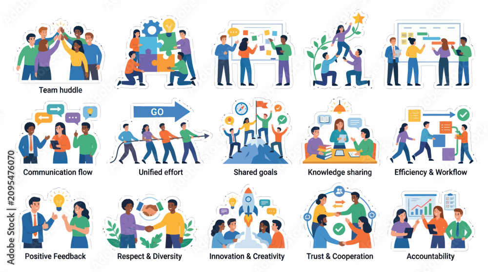 Fototapeta premium Flat Design Vector Illustrations of Business Teamwork Concepts with Diverse Colleagues and Corporate Strategies