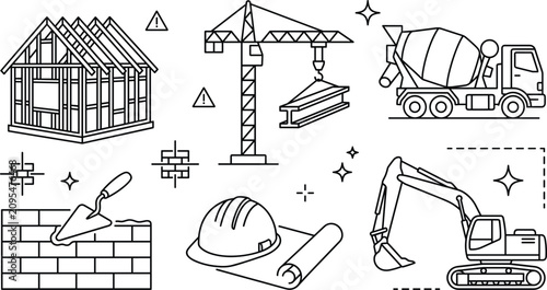Photos Construction site line icon set featuring timber house framing tower crane cemen