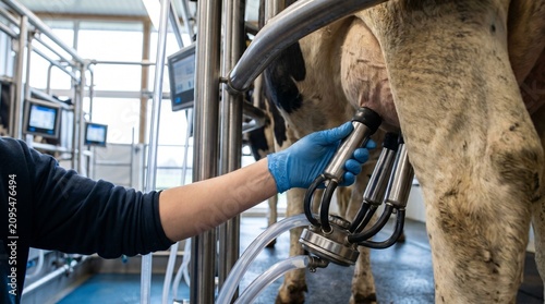 Dairy farm worker operating automatic cow milking equipment