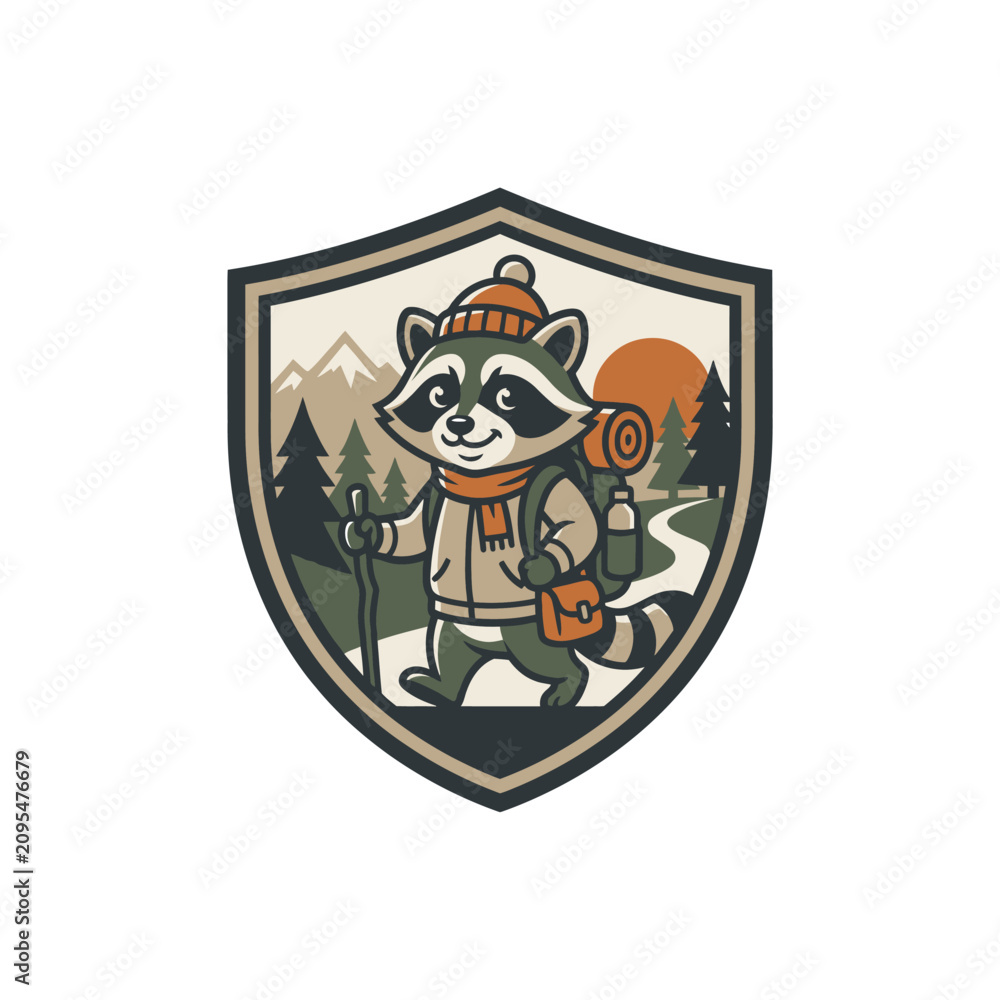 Obraz premium Cute Raccoon Hiker Emblem with Mountains and Trees - Vector Illustration