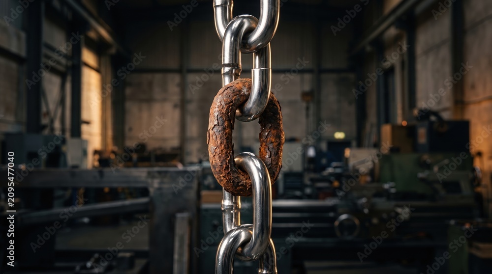 Naklejka premium A single rusted link in a strong, clean steel chain, symbolizing a weak link, vulnerability, or failure in a system.