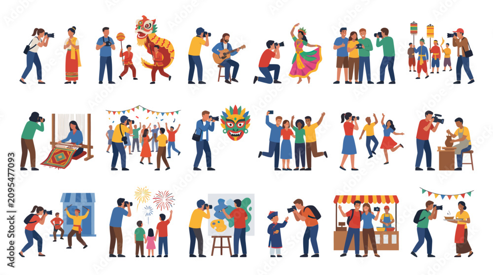 Fototapeta premium Flat Art Illustration of Diverse People Capturing Cultural Festival Moments with Cameras