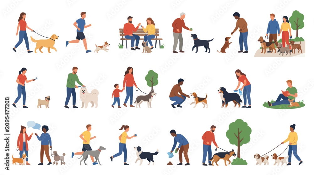 Fototapeta premium People and Dogs Interacting Flat Vector Illustration Set. Dog Owners Walking, Playing, Training, and Caring for Pets in Park