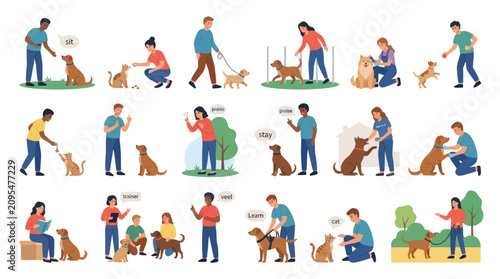 Flat vector illustration of people training dogs and cats, pet care concept