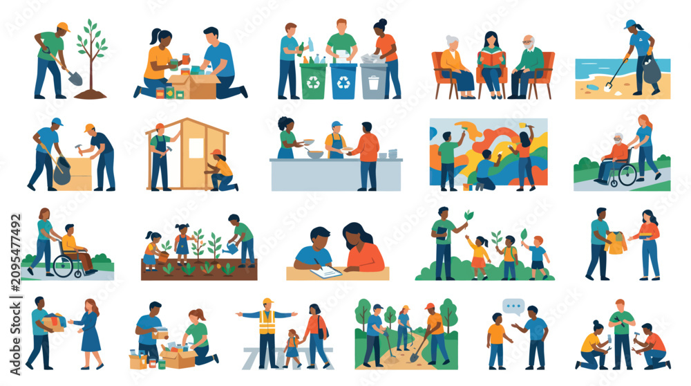 Obraz premium Flat Illustration of Diverse People Helping Community, Volunteering, and Recycling