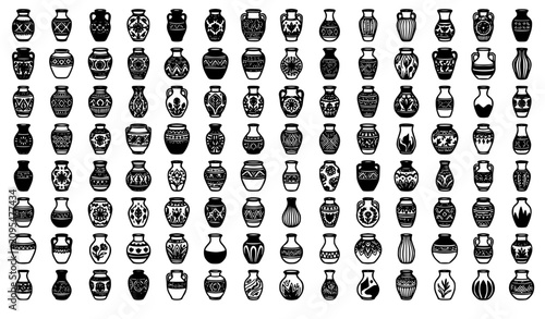 Bild auf Leinwand Decorative Ceramic Vase and Pot Black and White Vector Collection