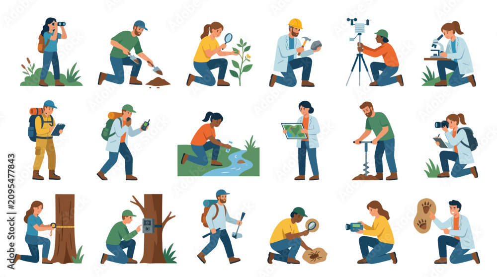 Fototapeta premium Environmental Science Fieldwork Flat Illustration Set: Ecologists and Researchers Studying Nature Outdoors