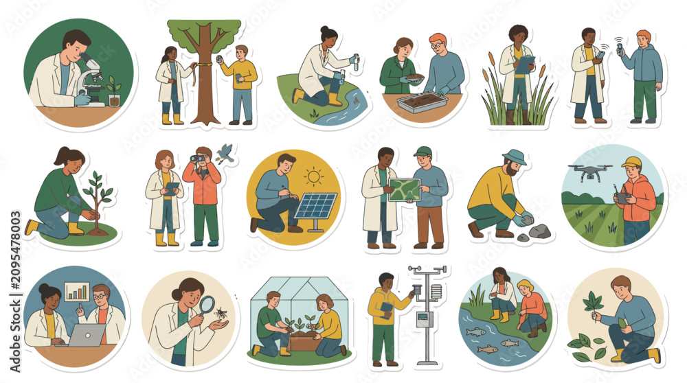 Fototapeta premium Science and Nature Education Stickers: Diverse People in Lab Coats Outdoors