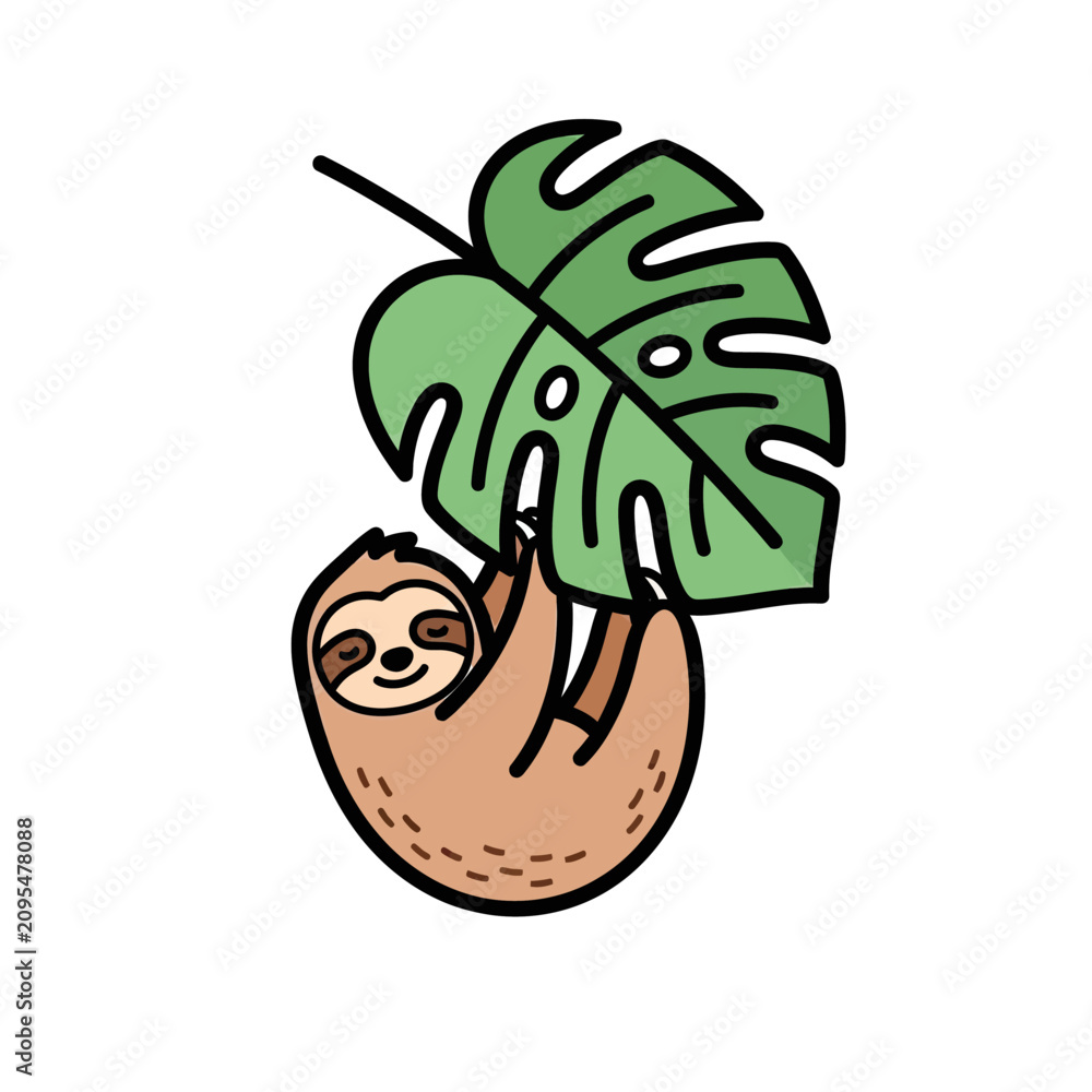 Fototapeta premium Cute sloth hanging from green monstera leaf stem