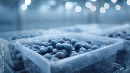 Fresh organic blueberries packed for professional storage in a transparent plastic clamshell container