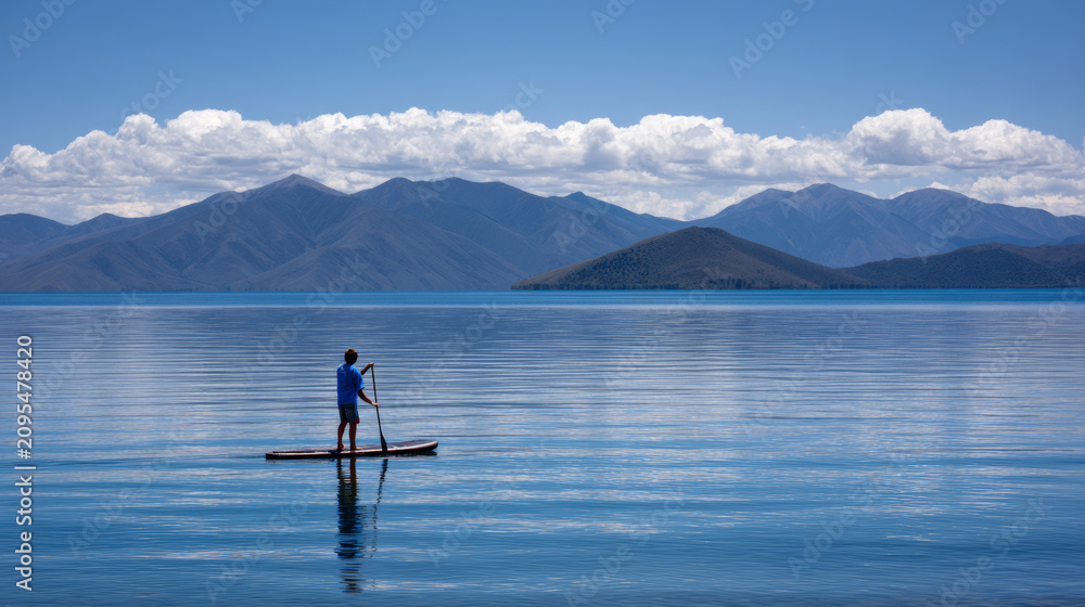 Naklejka premium Solo paddleboarder on calm lake with distant mountains and clear sky for serene wallpaper and travel background design