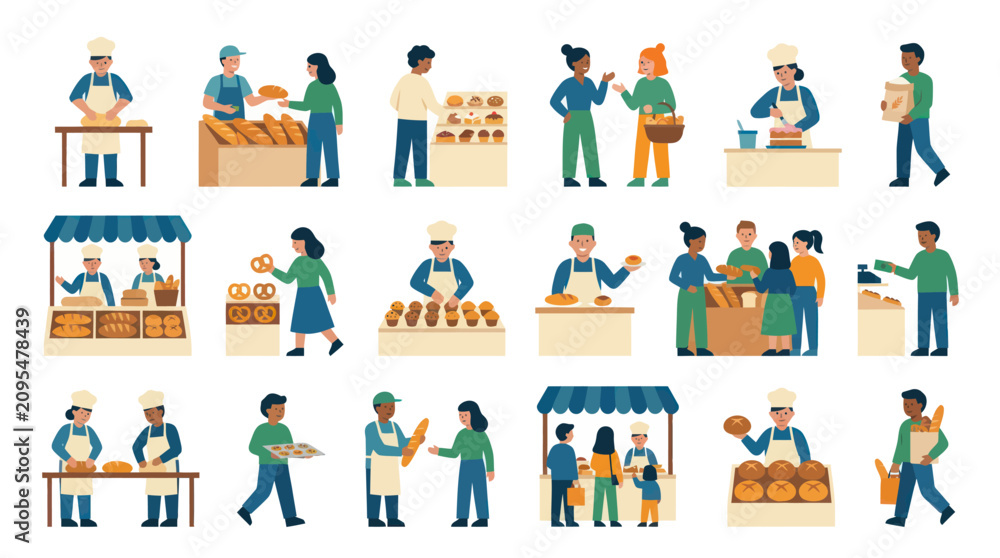 Fototapeta premium Flat Style Bakery Bread Shop Activities: People Baking, Selling, and Buying Pastries