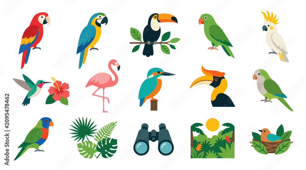 Fototapeta premium Flat Vector Tropical Birds Icon Set with Parrots, Toucan, Flamingo, Hummingbird for Wildlife Nature