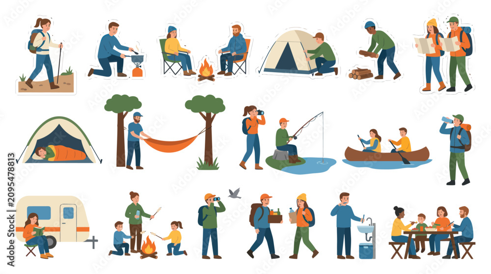Fototapeta premium Flat Illustration of People Enjoying Camping Activities, Outdoor Recreation, Vector Art