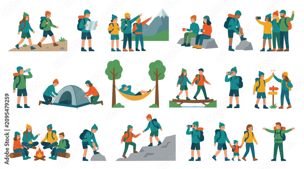 Fototapeta premium Flat Style Illustration of People Hiking and Camping in Mountains