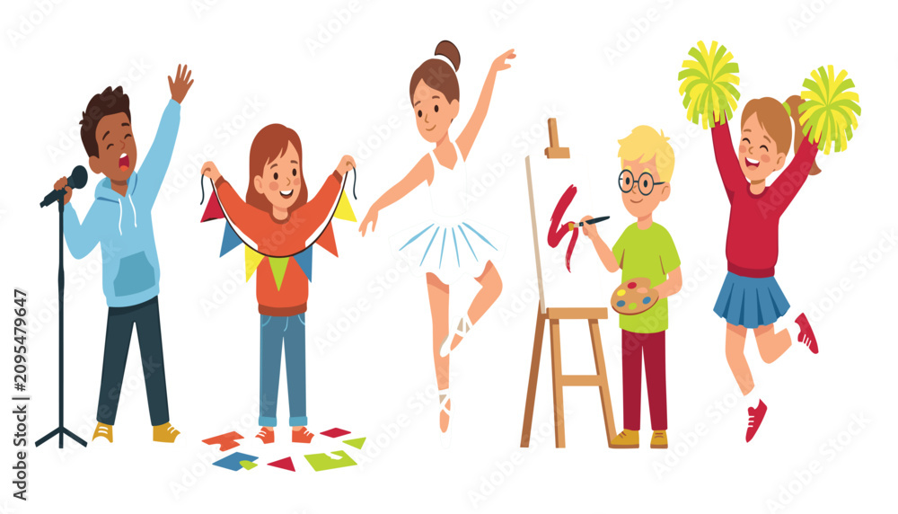Fototapeta premium Happy diverse kids enjoying creative hobbies vector illustration featuring children singing dancing painting cheering and crafting together in art class