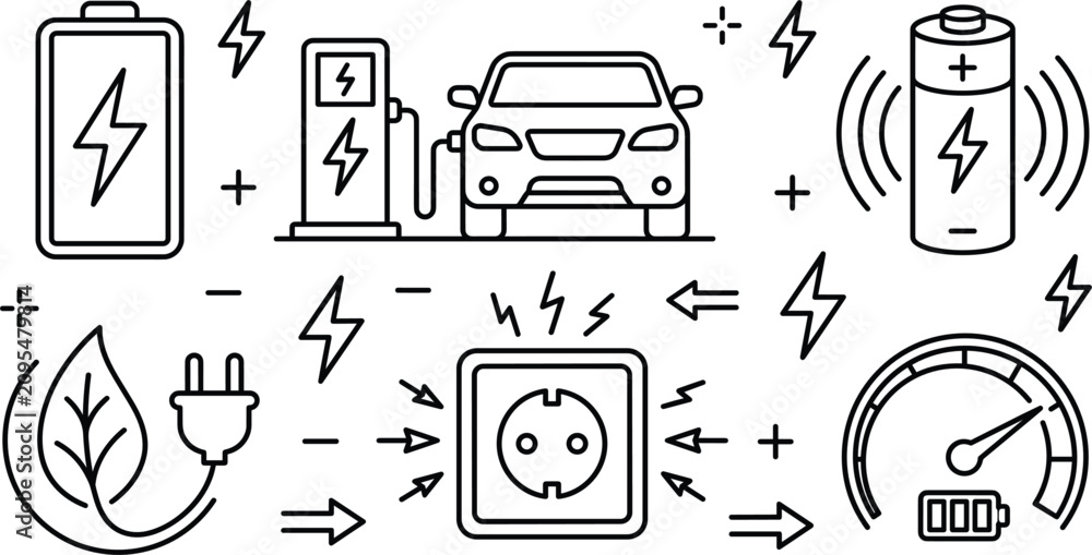 Fototapeta premium Electric vehicle car charging station battery plug socket eco leaf green energy power lightning thin line vector icons