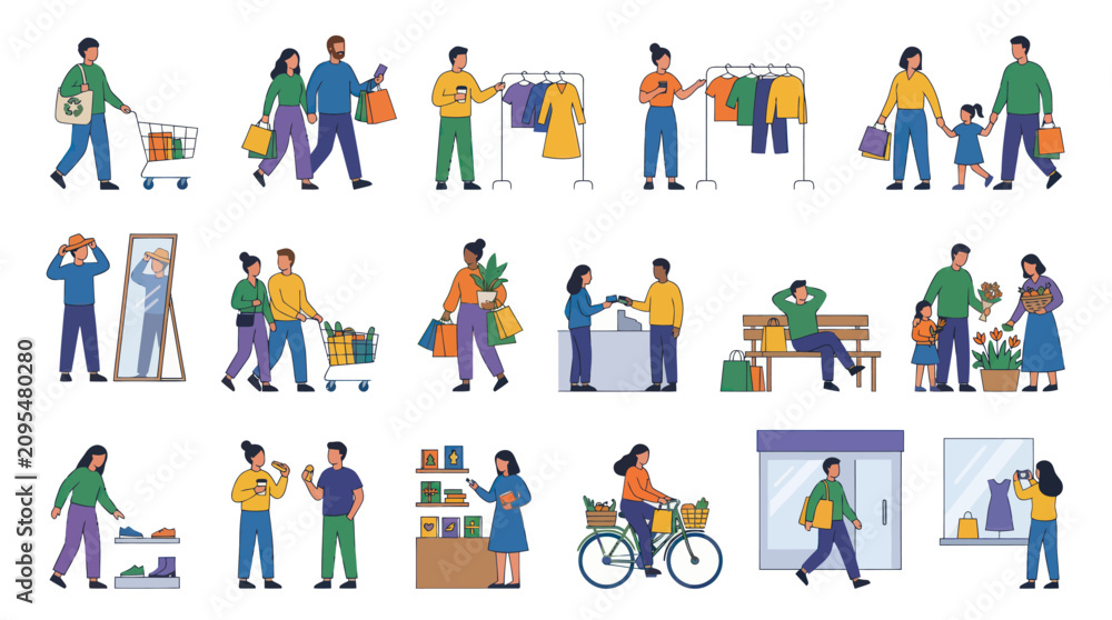 Fototapeta premium Diverse Flat Design Vector Illustrations of People Engaging in Shopping and Retail Activities