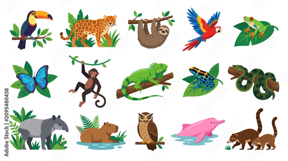 Obraz premium Vibrant Flat Vector Illustration Set of Amazon Rainforest Animals for Wildlife and Nature Education