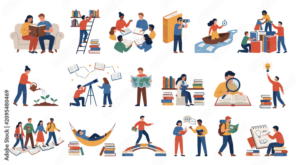 Fototapeta premium Education and Learning Flat Design Vector Illustrations. People Studying, Reading, and Personal Growth.