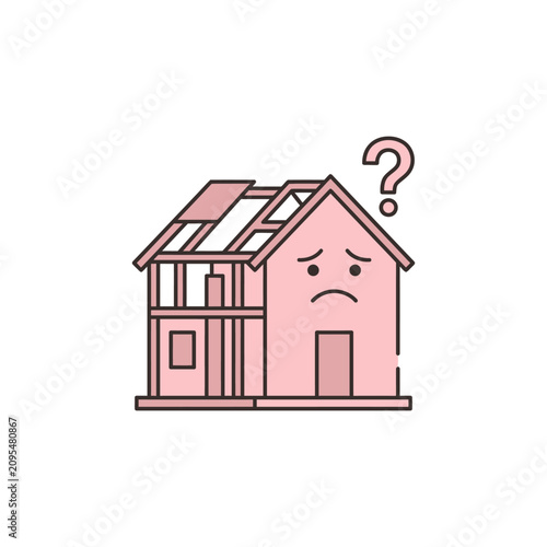 Quadro em tela Sad Pink House Illustration with Damaged Roof and Unfinished Construction