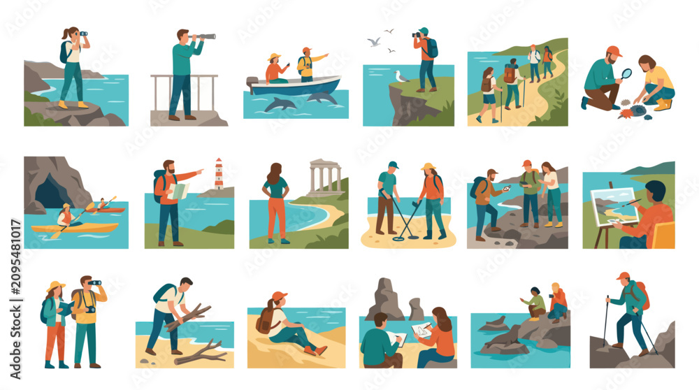 Fototapeta premium Outdoor Recreation and Travel Activities Flat Vector Illustration Set: People Enjoying Nature Hobbies