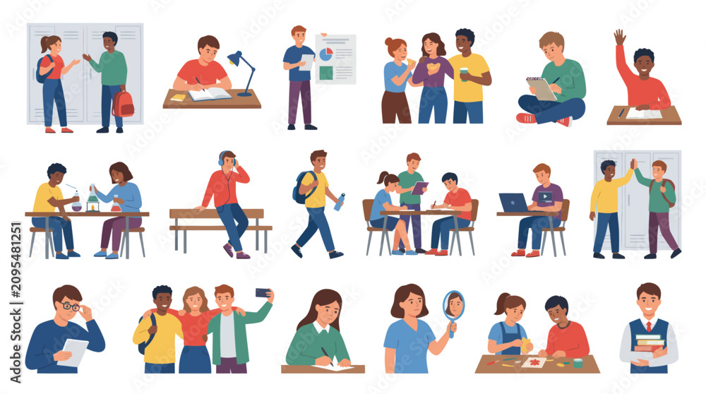 Fototapeta premium Flat Vector Illustration Set: Diverse Students Young Adults Learning, Studying, Socializing in Educational Settings
